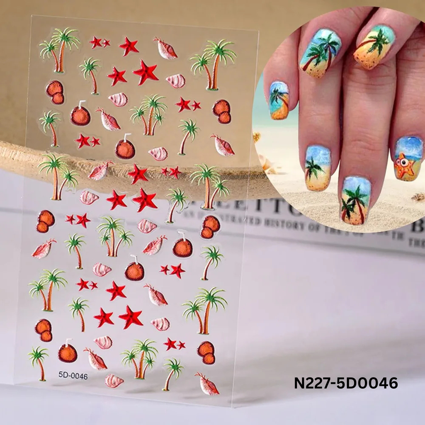 5D Summer Beach Nail Art Stickers - Tropical Palm Trees, Coconuts & Starfish Decals - Embossed Textured Vacation Manicure