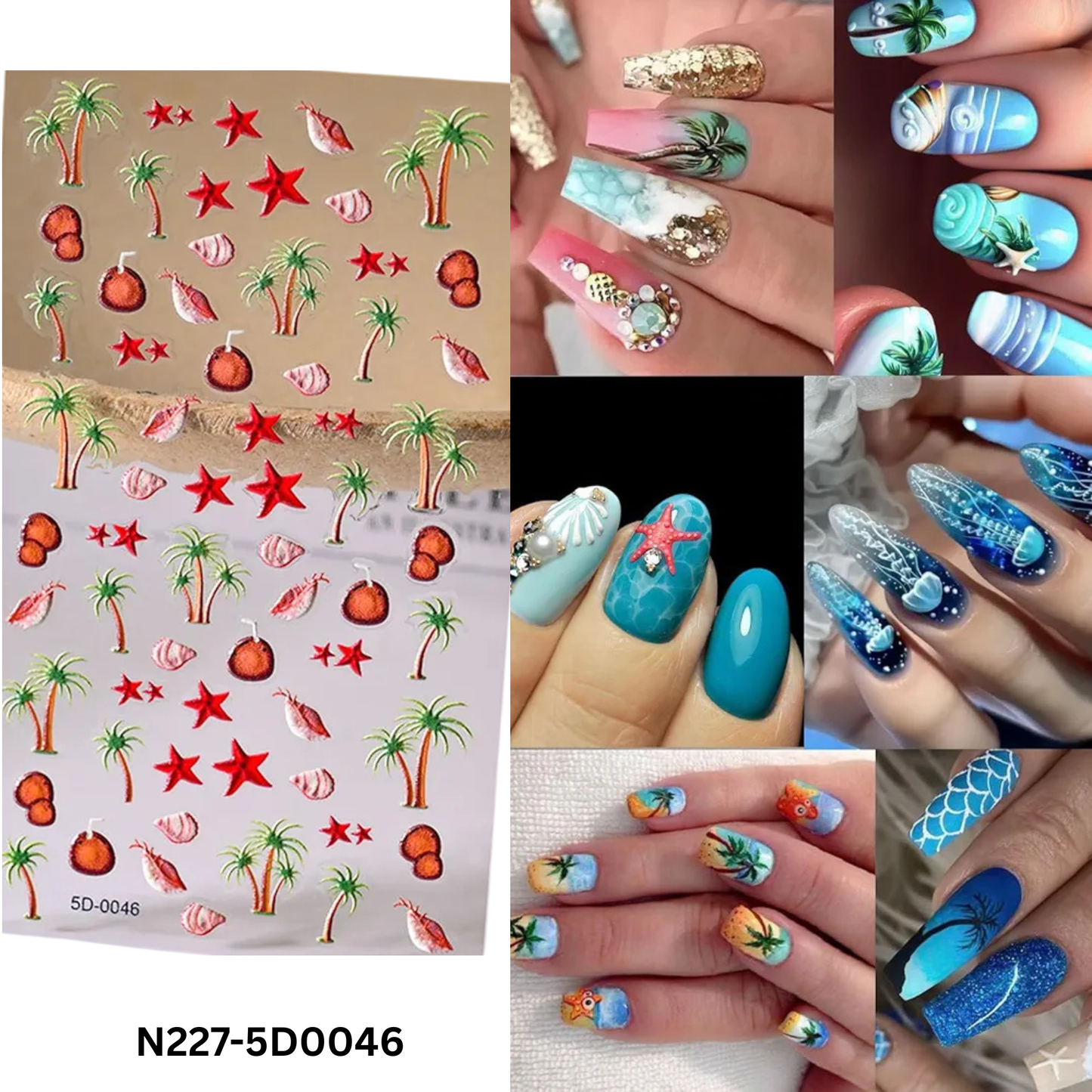 5D Summer Beach Nail Art Stickers - Tropical Palm Trees, Coconuts & Starfish Decals - Embossed Textured Vacation Manicure