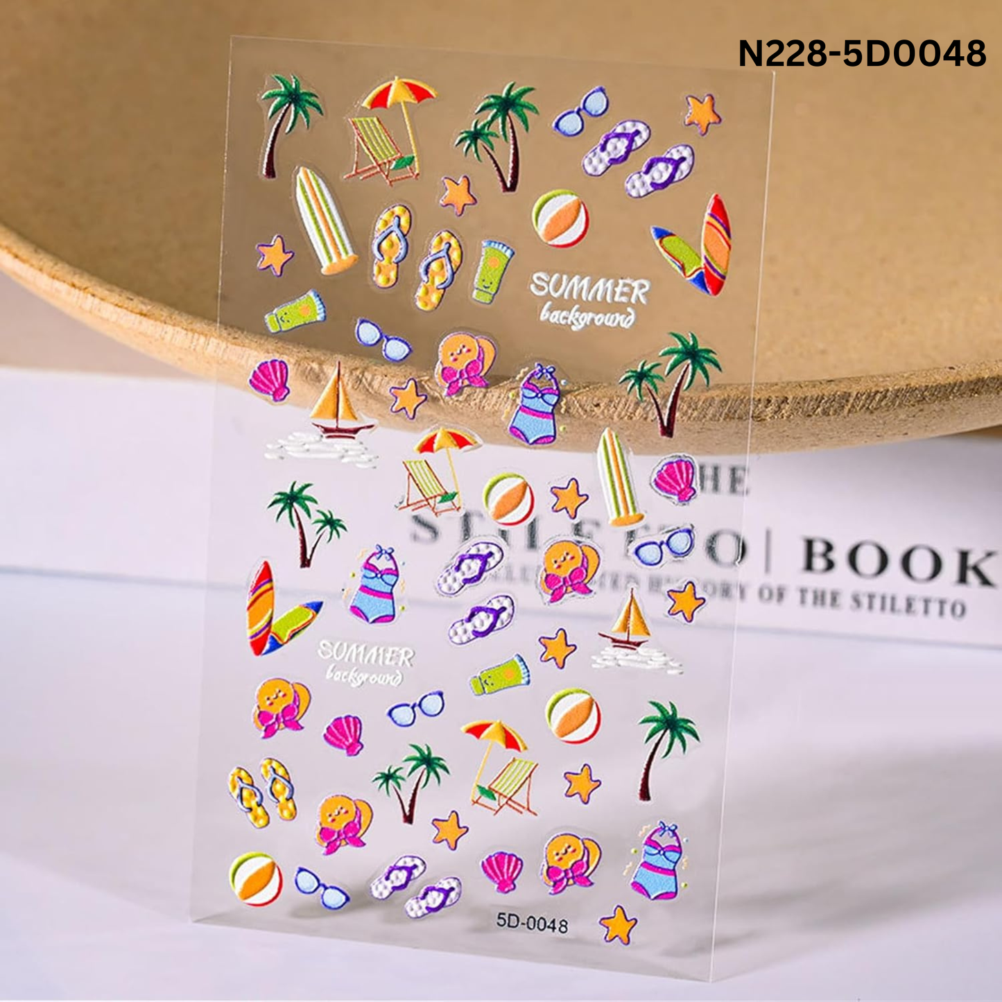 5D Summer Holiday Nail Art Stickers - Beach Vacation Decals - Flip Flops, Surfboard, Palm Tree 3D Embossed Manicure