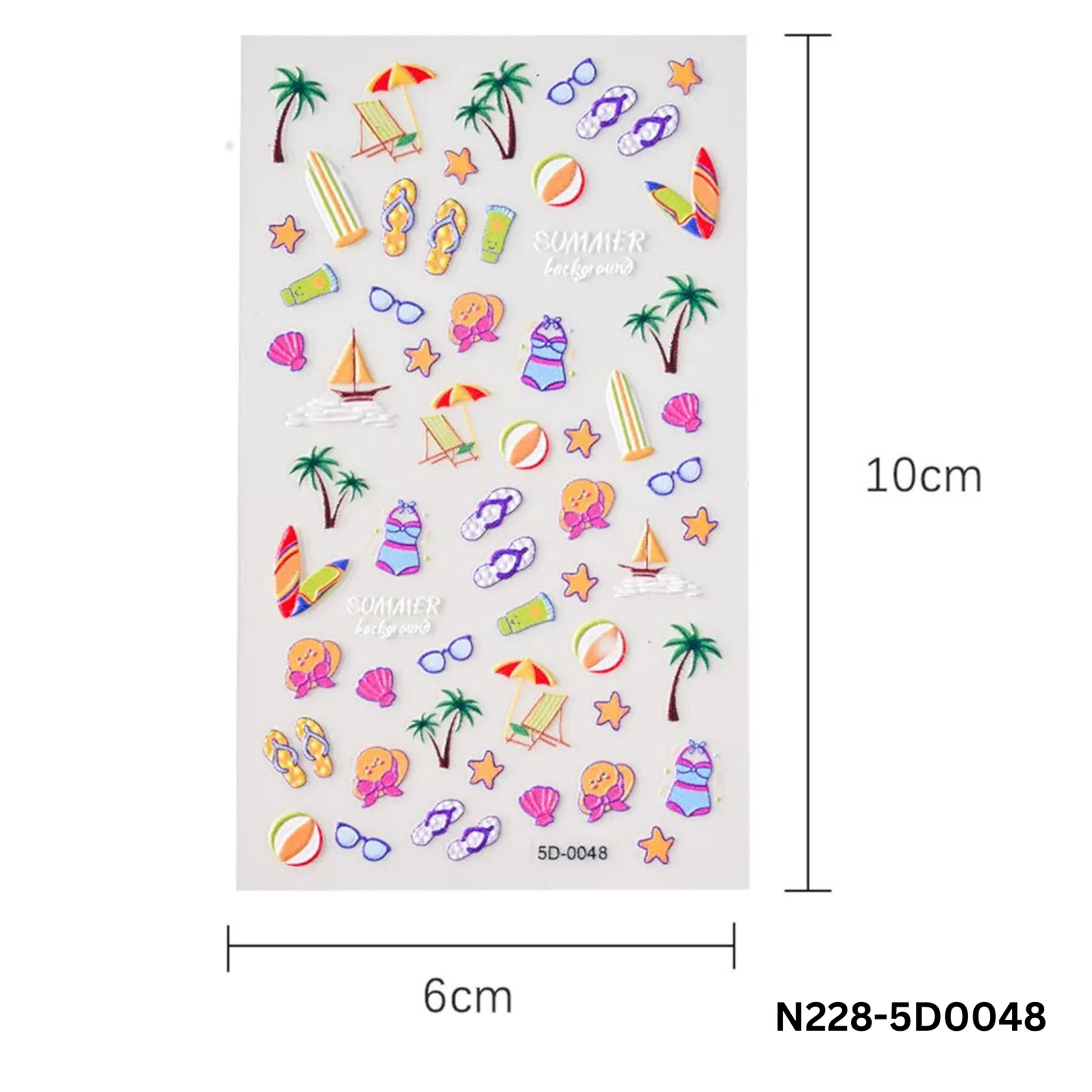 5D Summer Holiday Nail Art Stickers - Beach Vacation Decals - Flip Flops, Surfboard, Palm Tree 3D Embossed Manicure
