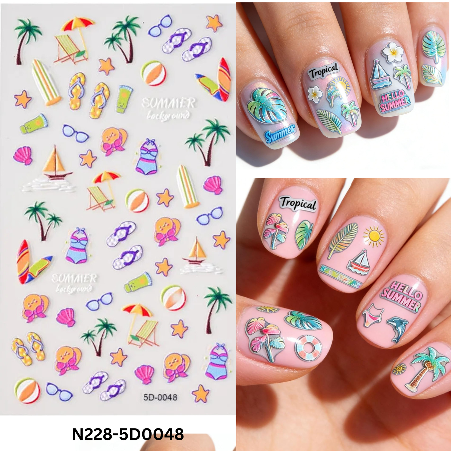 5D Summer Holiday Nail Art Stickers - Beach Vacation Decals - Flip Flops, Surfboard, Palm Tree 3D Embossed Manicure