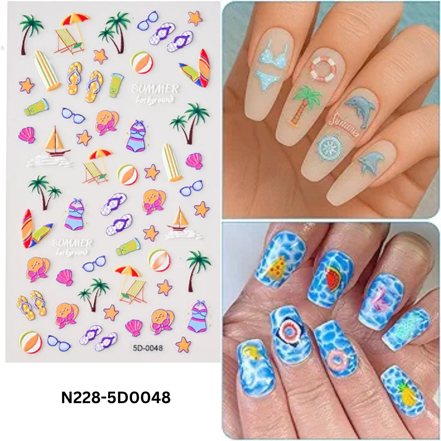 5D Summer Holiday Nail Art Stickers - Beach Vacation Decals - Flip Flops, Surfboard, Palm Tree 3D Embossed Manicure