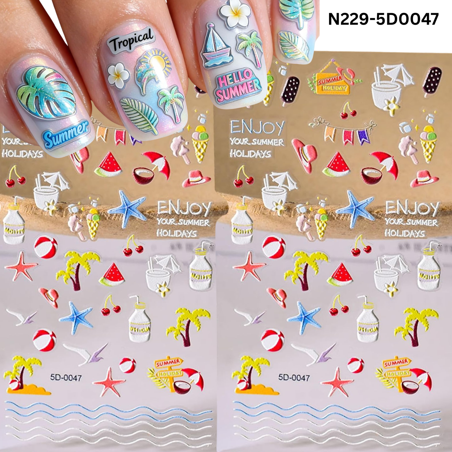 5D Summer Treats Nail Art Stickers - Ice Cream, Watermelon & Cocktail Decals - Tropical Beach 3D Embossed Manicure