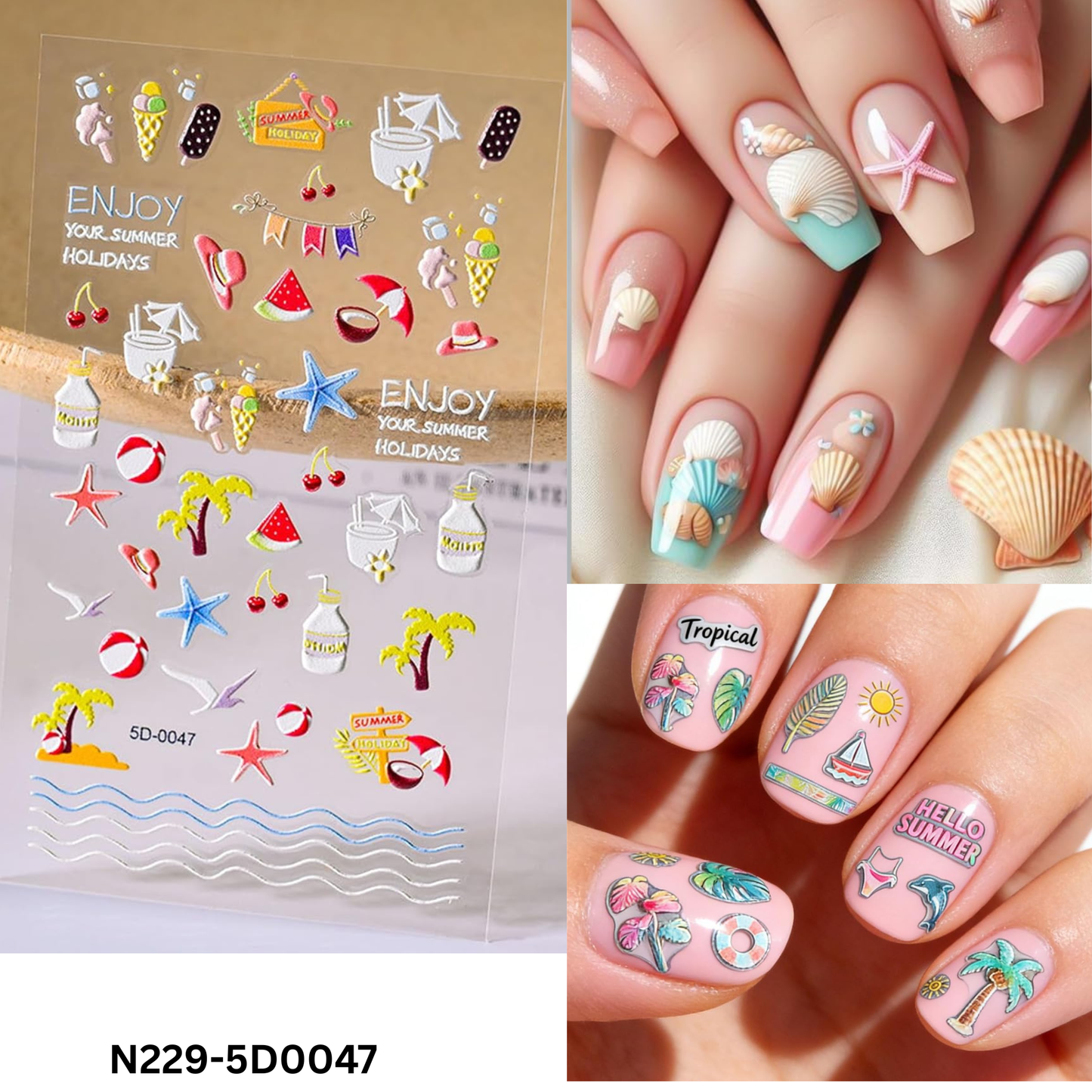 5D Summer Treats Nail Art Stickers - Ice Cream, Watermelon & Cocktail Decals - Tropical Beach 3D Embossed Manicure