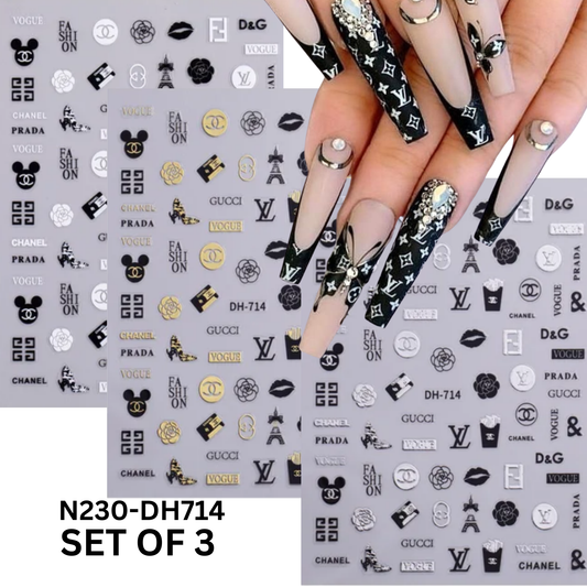 Nail Art Stickers - Gold, Black & Silver Monogram Decals - 3D Self-Adhesive DIY Manicure Set