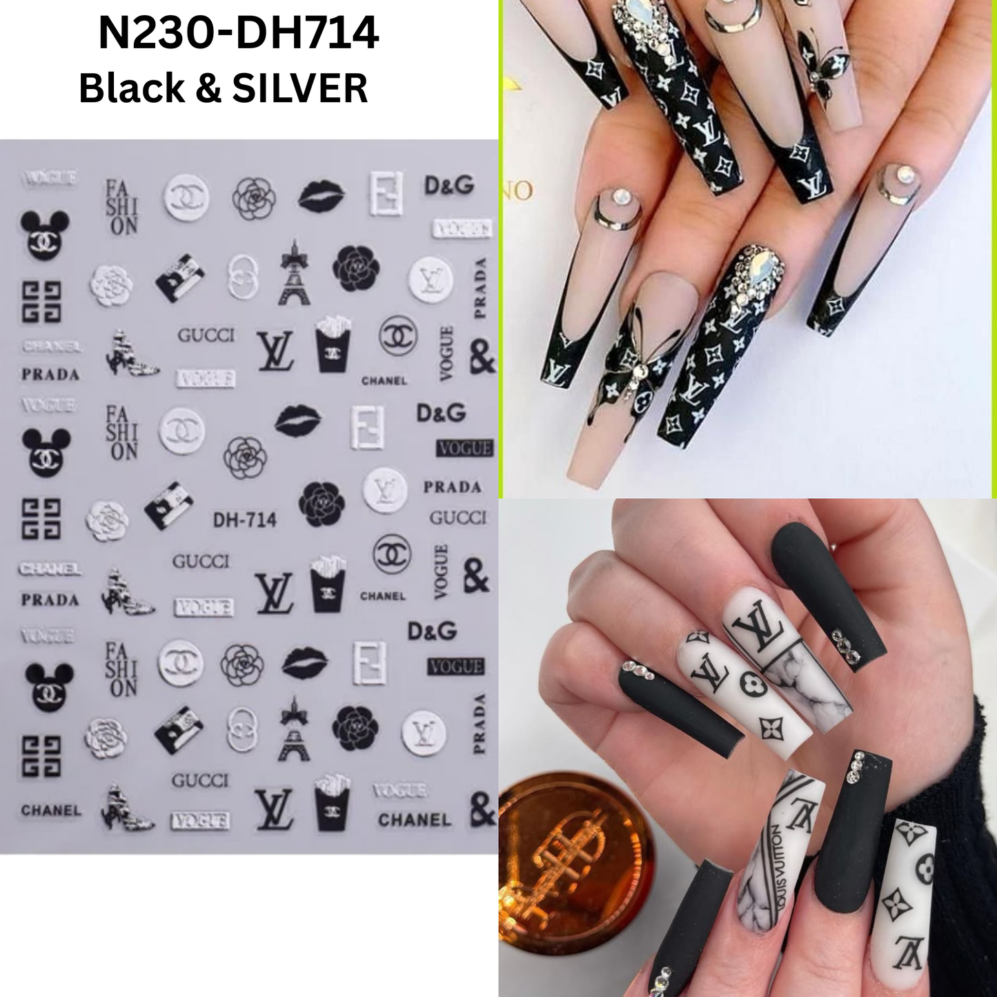 Nail Art Stickers - Gold, Black & Silver Monogram Decals - 3D Self-Adhesive DIY Manicure Set