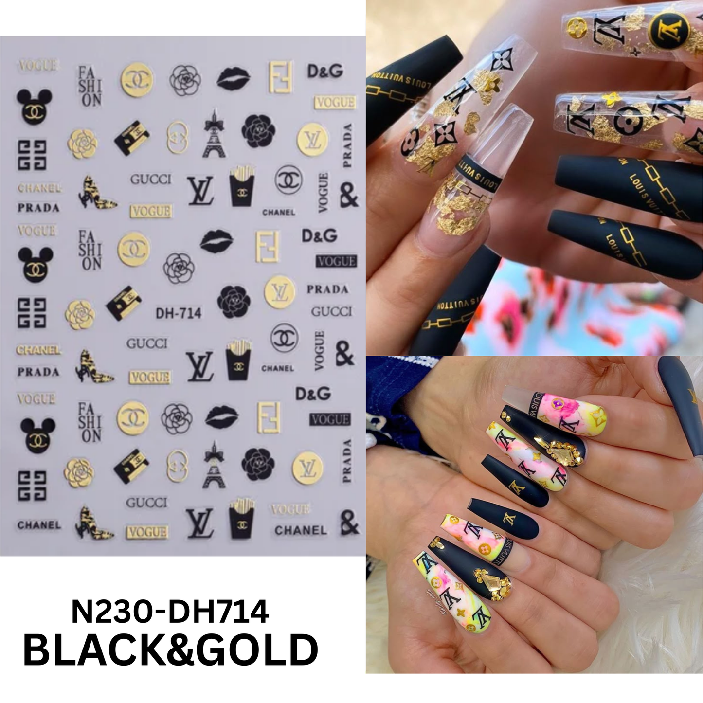 Nail Art Stickers - Gold, Black & Silver Monogram Decals - 3D Self-Adhesive DIY Manicure Set