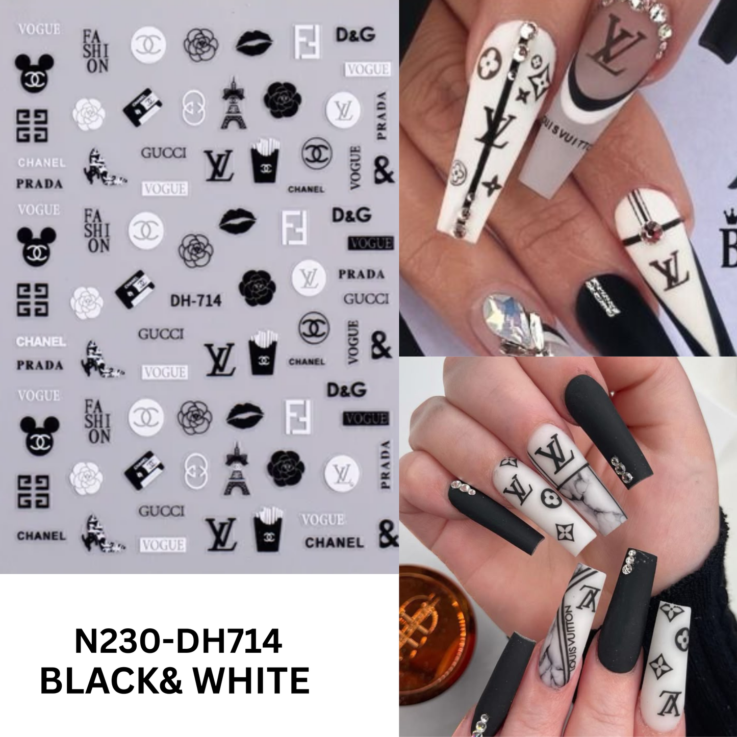Nail Art Stickers - Gold, Black & Silver Monogram Decals - 3D Self-Adhesive DIY Manicure Set