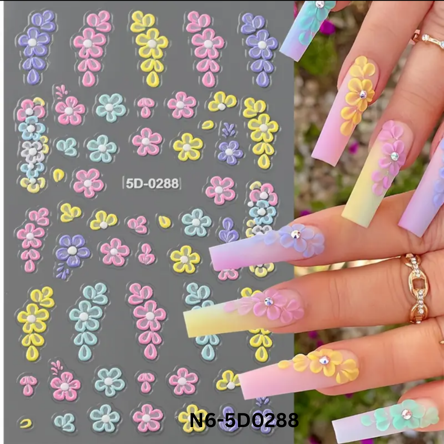 5D Embossed Floral Nail Art Stickers,Spring & Summer Fantasy Theme for DIY Manicure Decoration, Nail Stickers