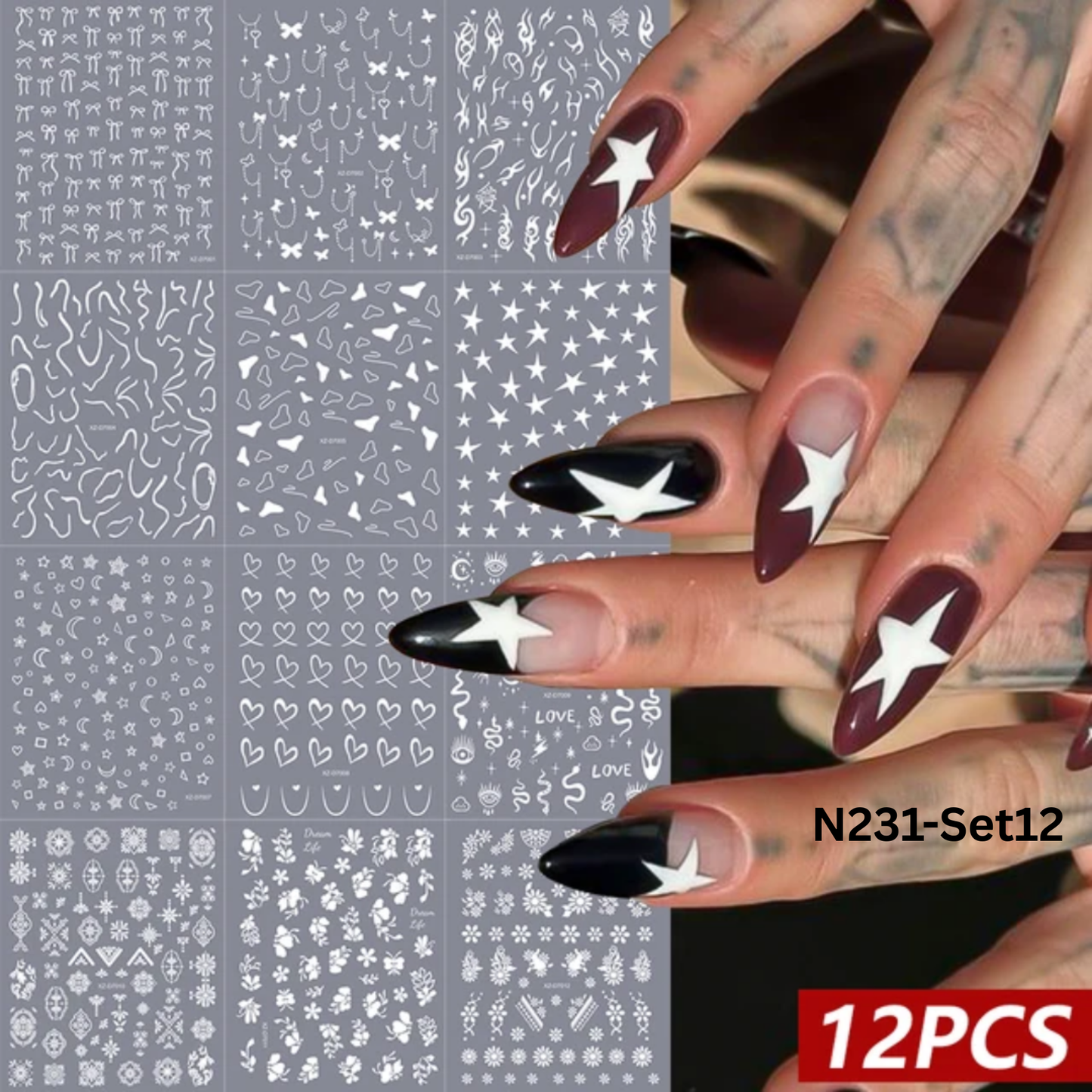 12PCS Nail Art Stickers Set – Choose Gold Silver Black White – Self Adhesive 3D Nail Decals DIY