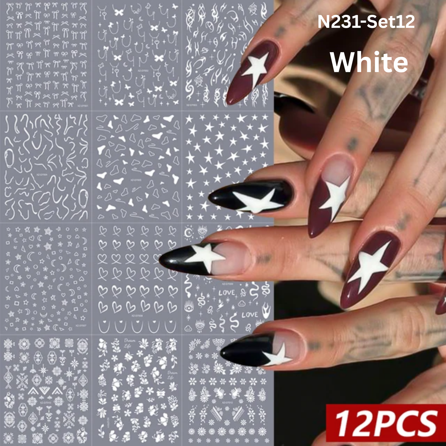 12PCS Nail Art Stickers Set – Choose Gold Silver Black White – Self Adhesive 3D Nail Decals DIY