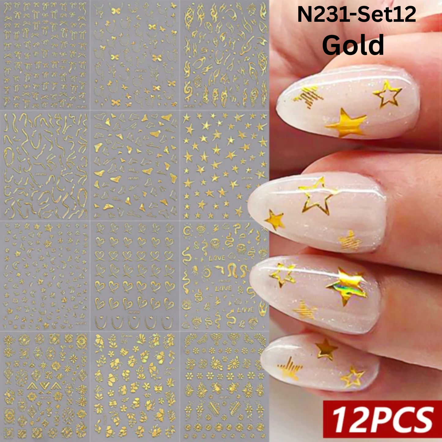 12PCS Nail Art Stickers Set – Choose Gold Silver Black White – Self Adhesive 3D Nail Decals DIY