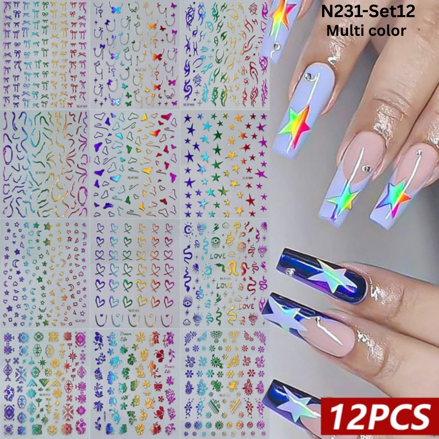 12PCS Nail Art Stickers Set – Choose Gold Silver Black White – Self Adhesive 3D Nail Decals DIY