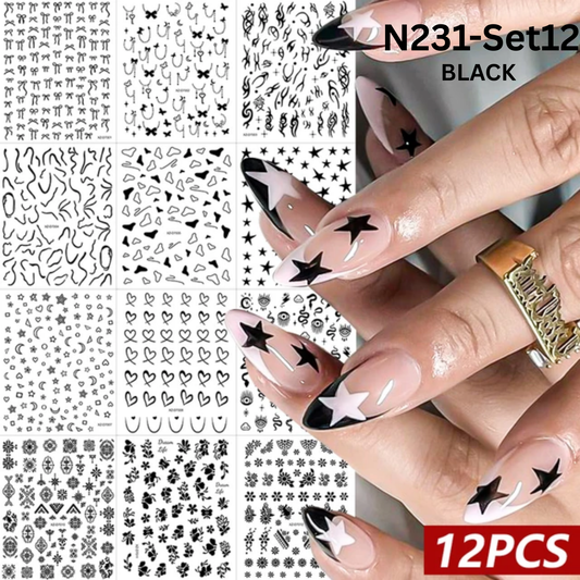 12PCS Nail Art Stickers Set – Choose Gold Silver Black White – Self Adhesive 3D Nail Decals DIY