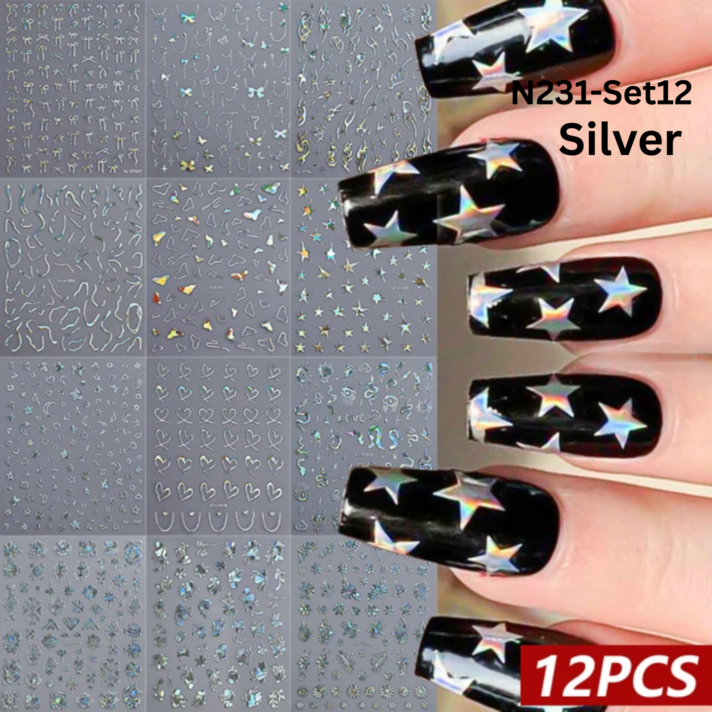 12PCS Nail Art Stickers Set – Choose Gold Silver Black White – Self Adhesive 3D Nail Decals DIY