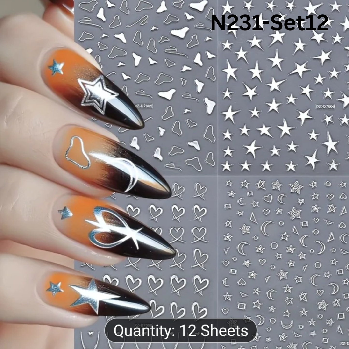 12PCS Nail Art Stickers Set – Choose Gold Silver Black White – Self Adhesive 3D Nail Decals DIY