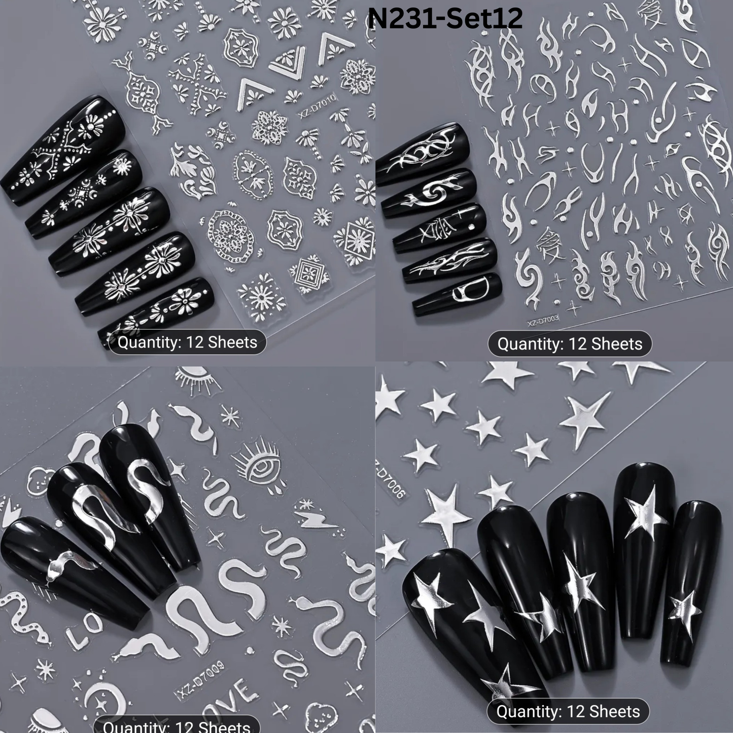 12PCS Nail Art Stickers Set – Choose Gold Silver Black White – Self Adhesive 3D Nail Decals DIY