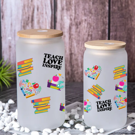 Teacher Love Inspire Frosted Glass Cup – 16oz / 20oz Tumbler with Glass Straw & Bamboo Lid – Personalized Gift for Teachers, Office, Home, or Party