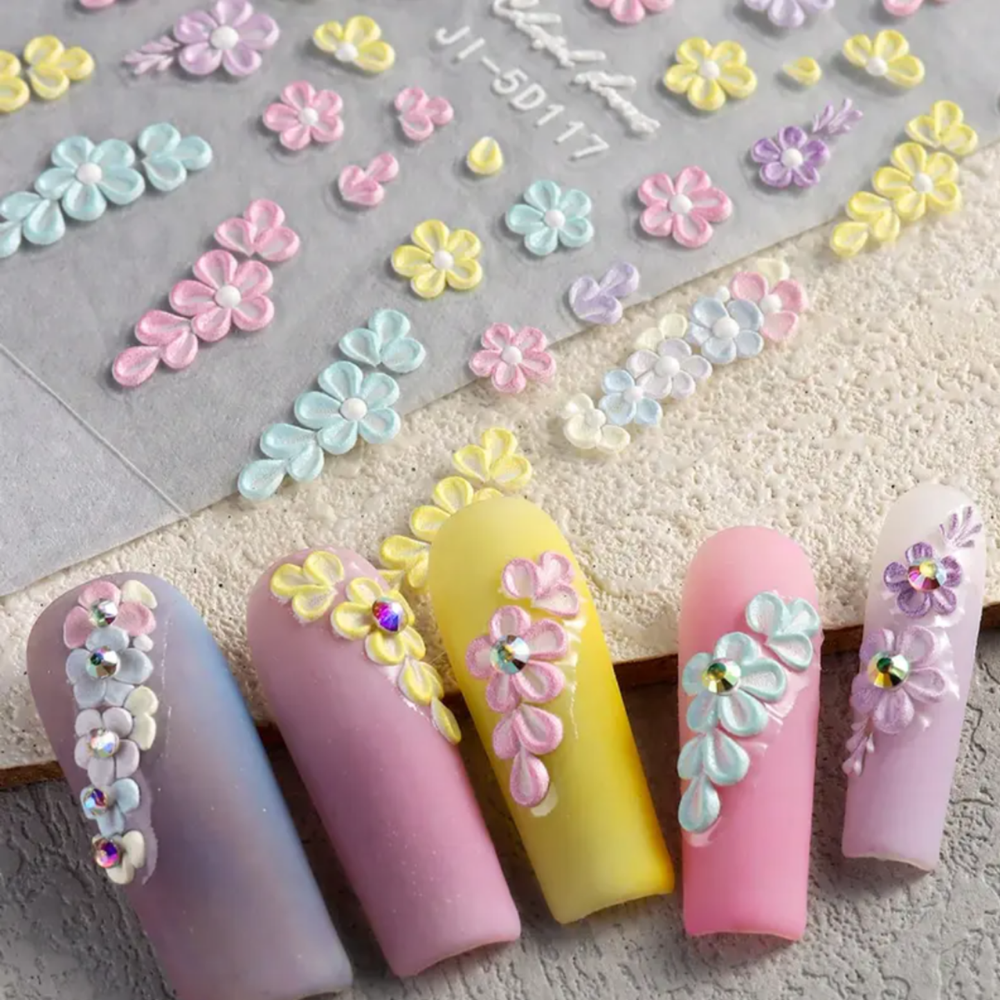5D Embossed Floral Nail Art Stickers,Spring & Summer Fantasy Theme for DIY Manicure Decoration, Nail Stickers