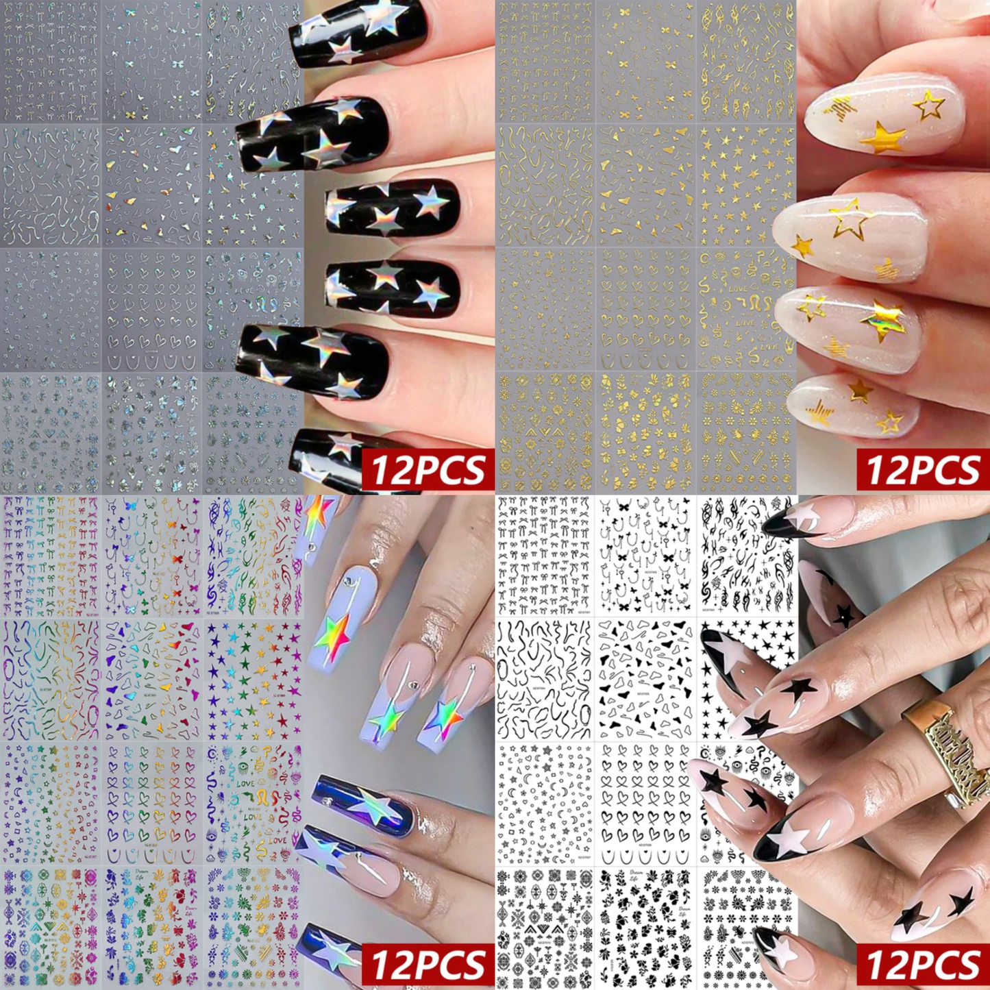 12PCS Nail Art Stickers Set – Choose Gold Silver Black White – Self Adhesive 3D Nail Decals DIY
