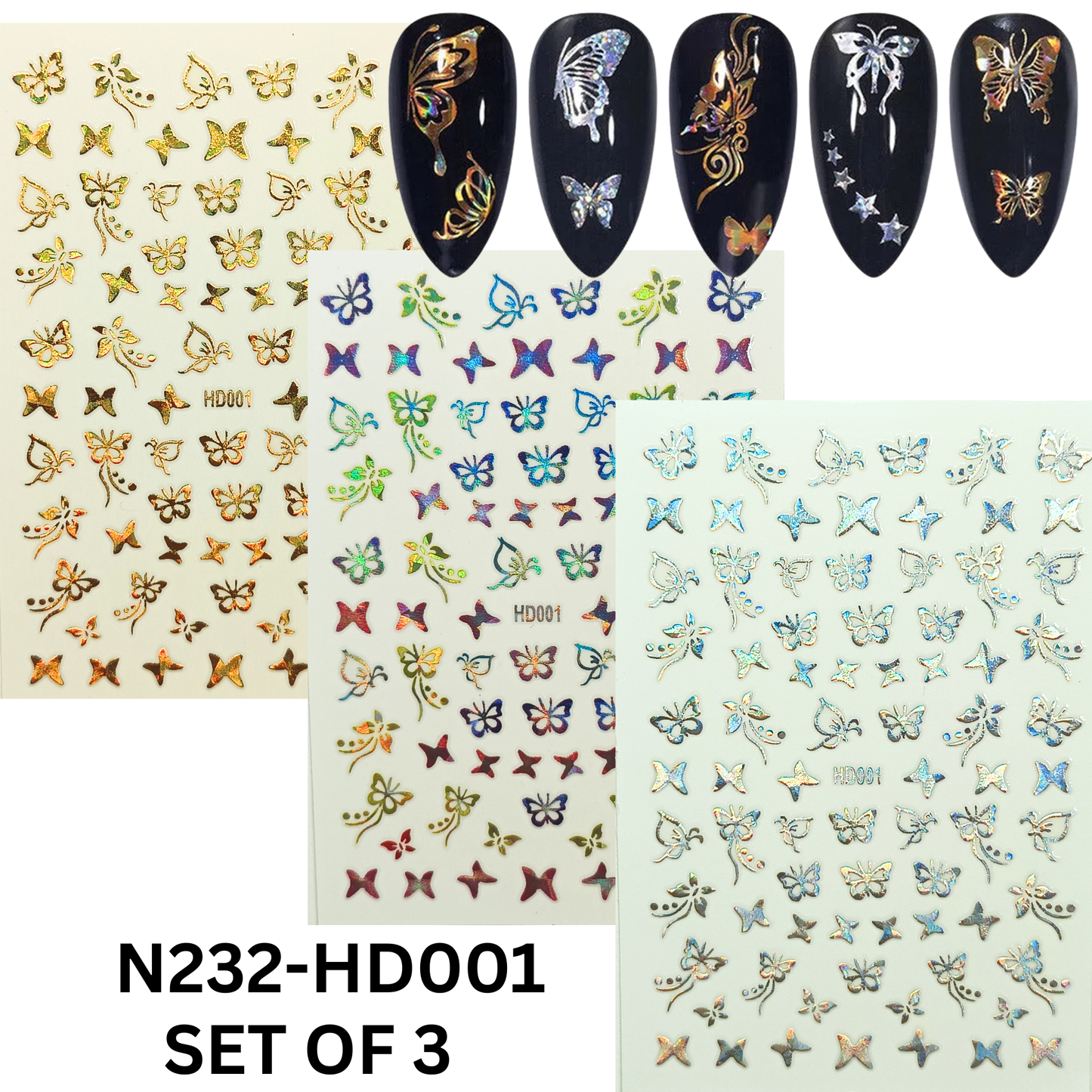 Holographic Butterfly Nail Stickers 3D Iridescent Nail Art Decals DIY Manicure