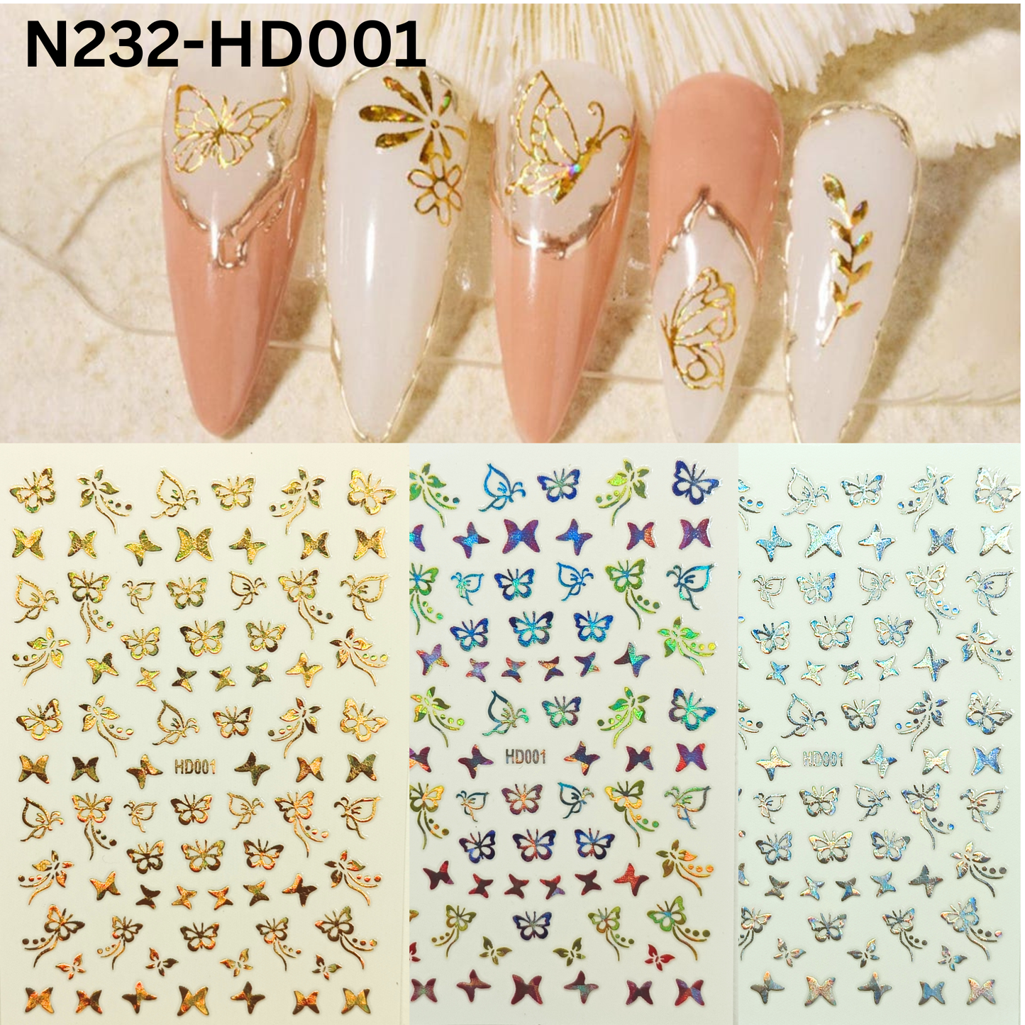 Holographic Butterfly Nail Stickers 3D Iridescent Nail Art Decals DIY Manicure