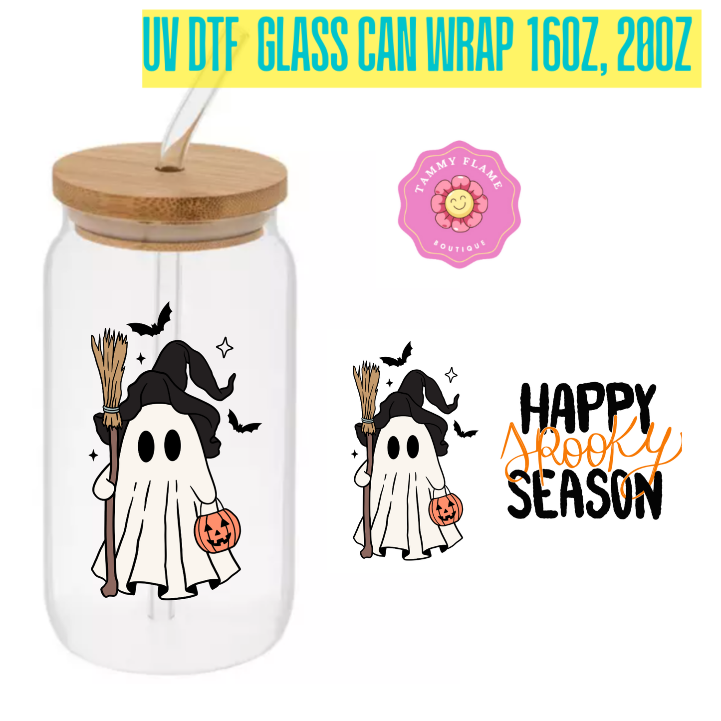 Halloween Clear Glass Can Cup with Bamboo Lid, Glass Straw & Brush – Ghost Witch “Happy Spooky Season” (16oz / 20oz)