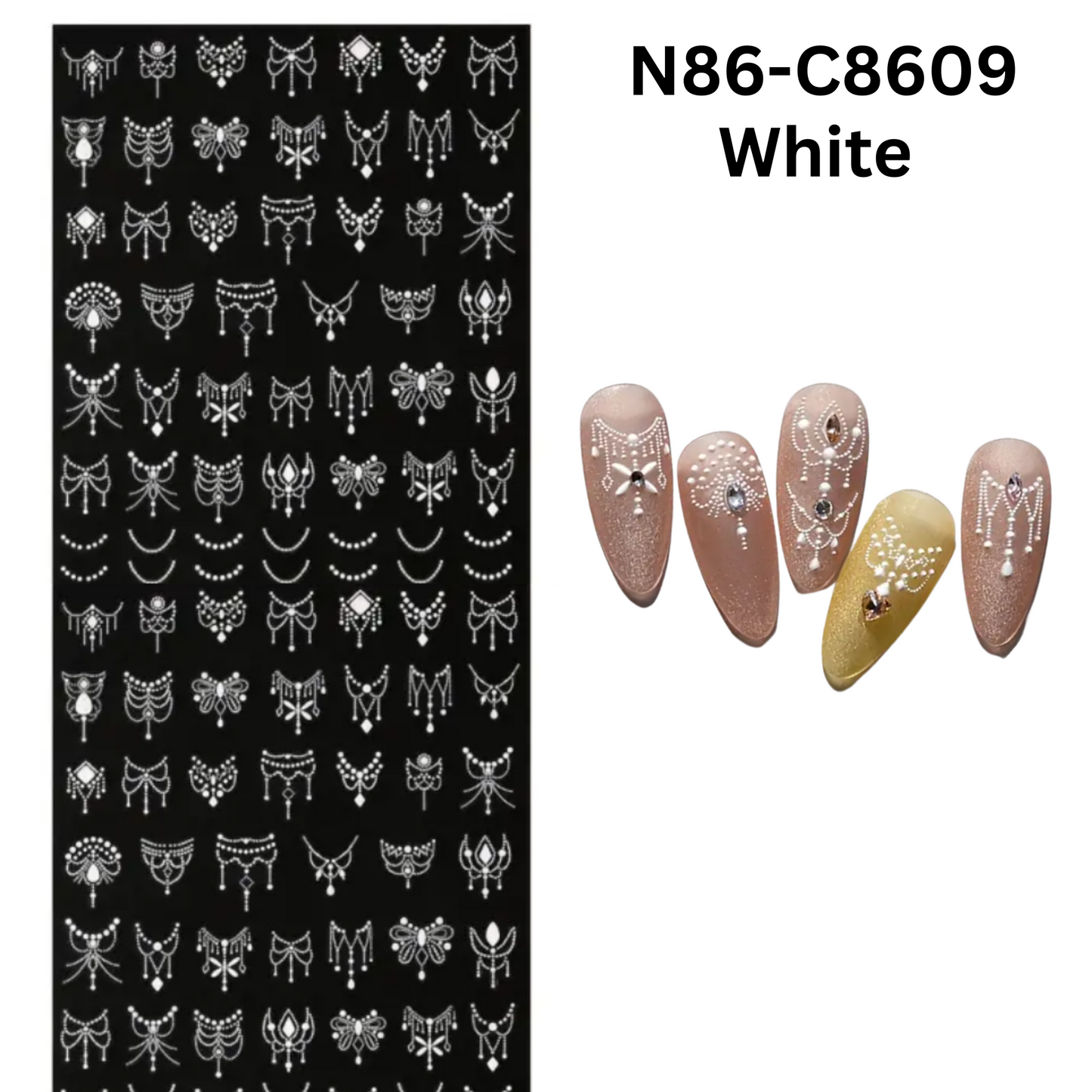3D Chain Nail Art Stickers – Black, White, Gold, Silver Jewelry Design