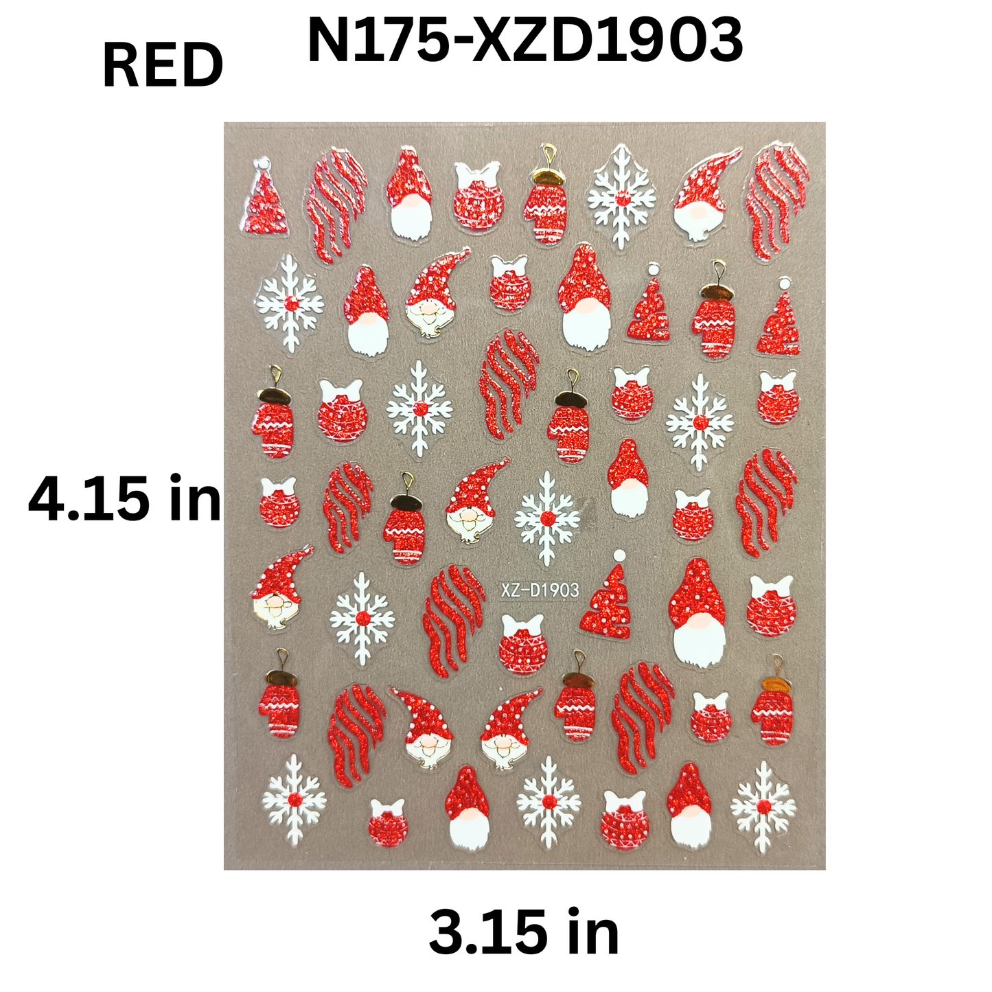 Set of 12 Christmas 3D Nail Decals – Holiday Reindeer, Candy Cane, Santa & Snowflake Designs