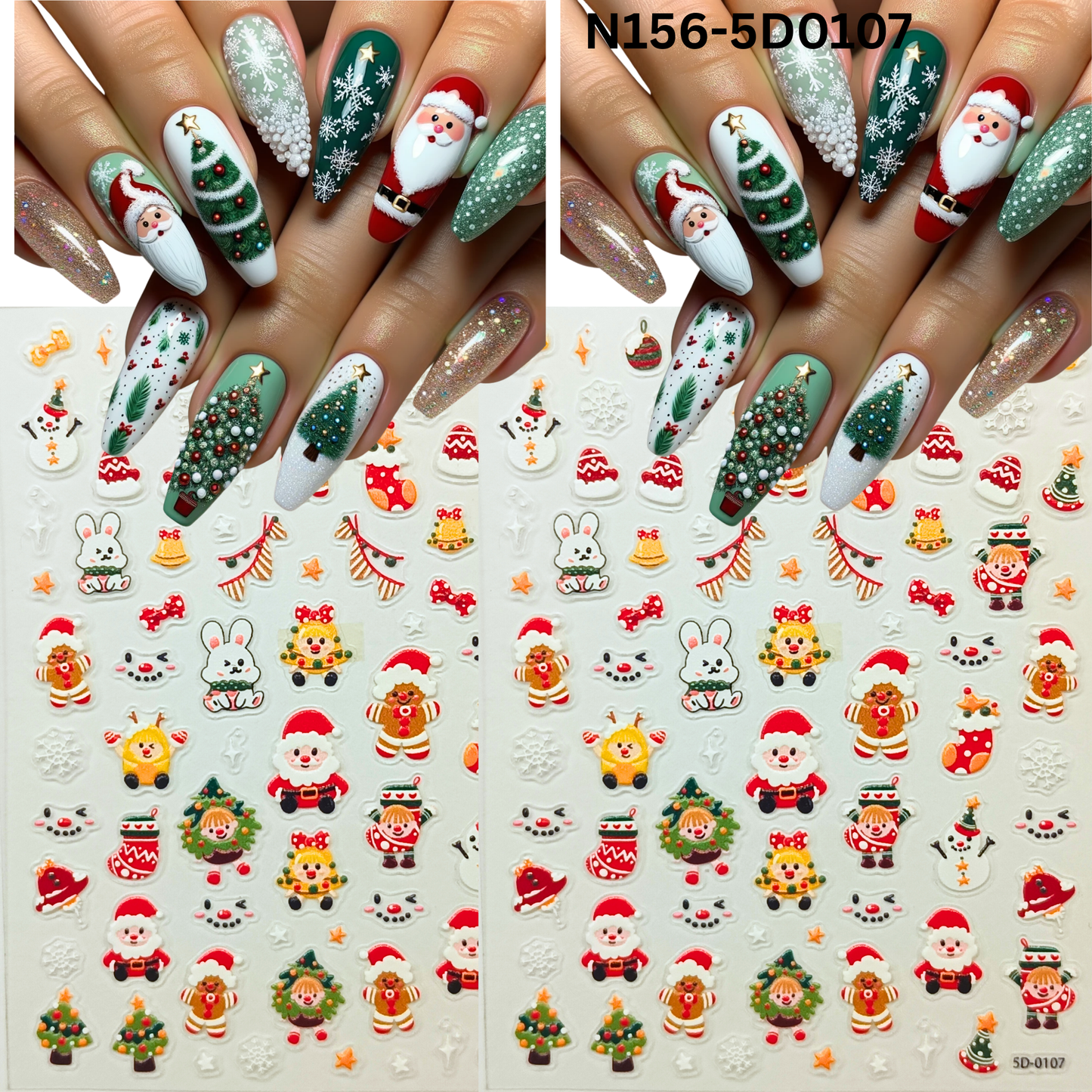 Cute 5D Christmas Nail Sticker Set – Snowman, Tree & Gift Designs
