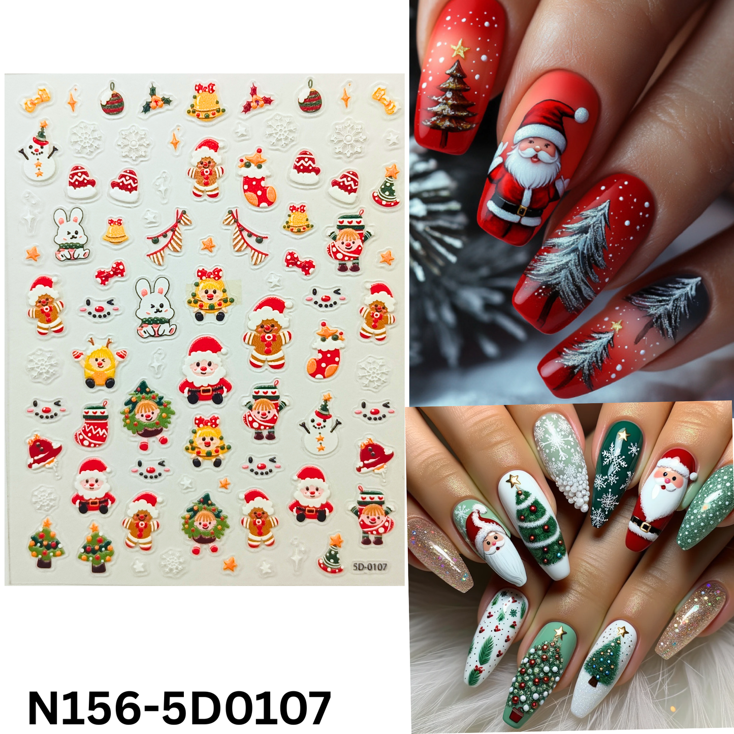Cute 5D Christmas Nail Sticker Set – Snowman, Tree & Gift Designs