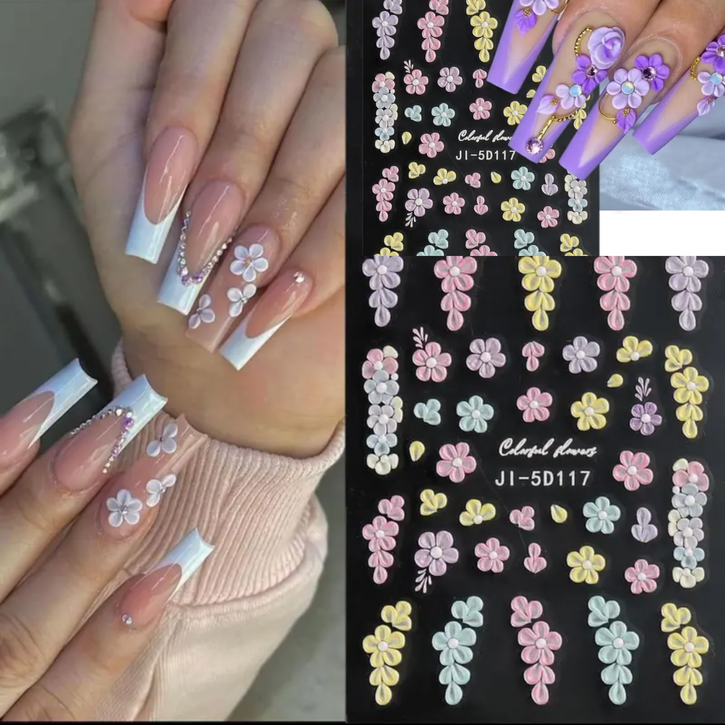 5D Embossed Floral Nail Art Stickers,Spring & Summer Fantasy Theme for DIY Manicure Decoration, Nail Stickers