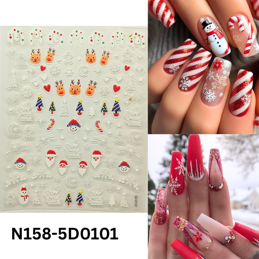 Cute 5D Christmas Nail Sticker Set – Snowman, Tree & Gift Designs