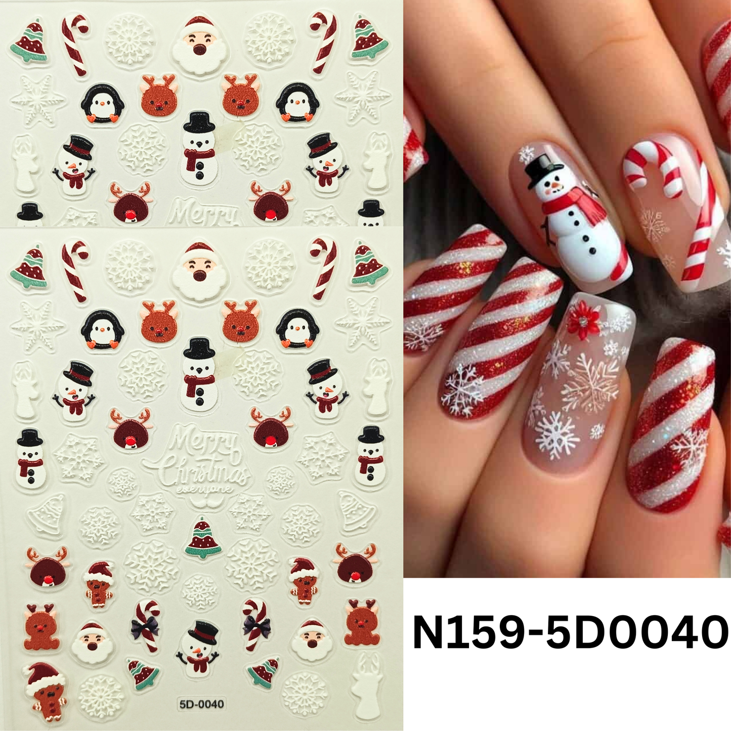 5D Holiday Nail Art Stickers – Snowman, Tree & Santa Decals