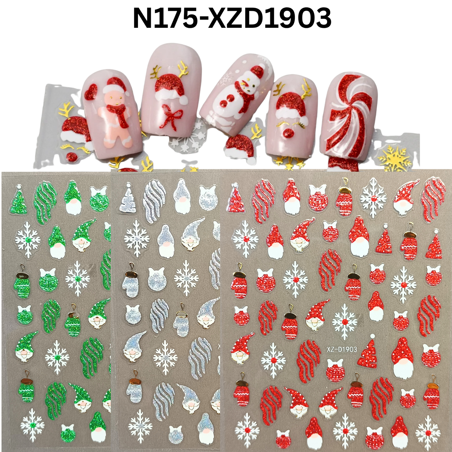 3D Christmas Nail Decals – Fun Reindeer & Candy Cane Art