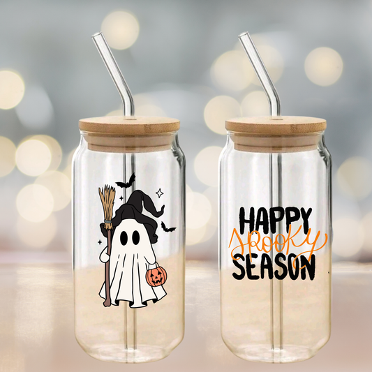 Halloween Clear Glass Can Cup with Bamboo Lid, Glass Straw & Brush – Ghost Witch “Happy Spooky Season” (16oz / 20oz)