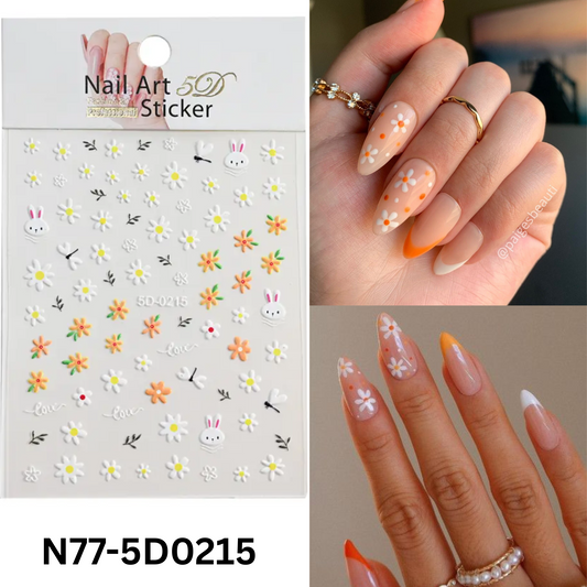 5D Floral Nail Stickers, Self-Adhesive Pastel flower & bunny decals, for Spring/Summer