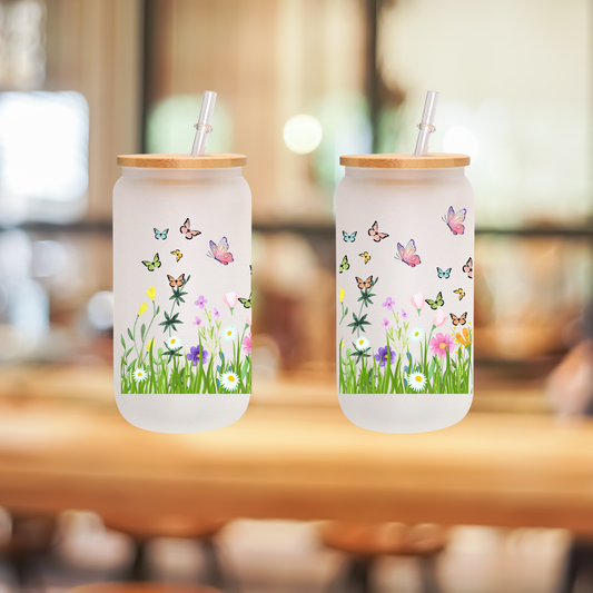 Butterfly Garden Frosted Glass Cup – 16oz / 20oz – With Bamboo Lid & Glass Straw