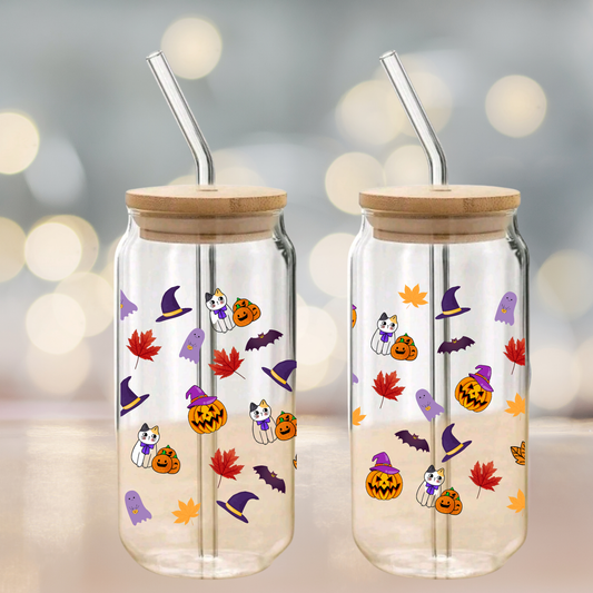 Halloween Pumpkin Glass Can Cup Set – Clear Tumbler with Lid, Straw & Cleaner, 16oz/20oz