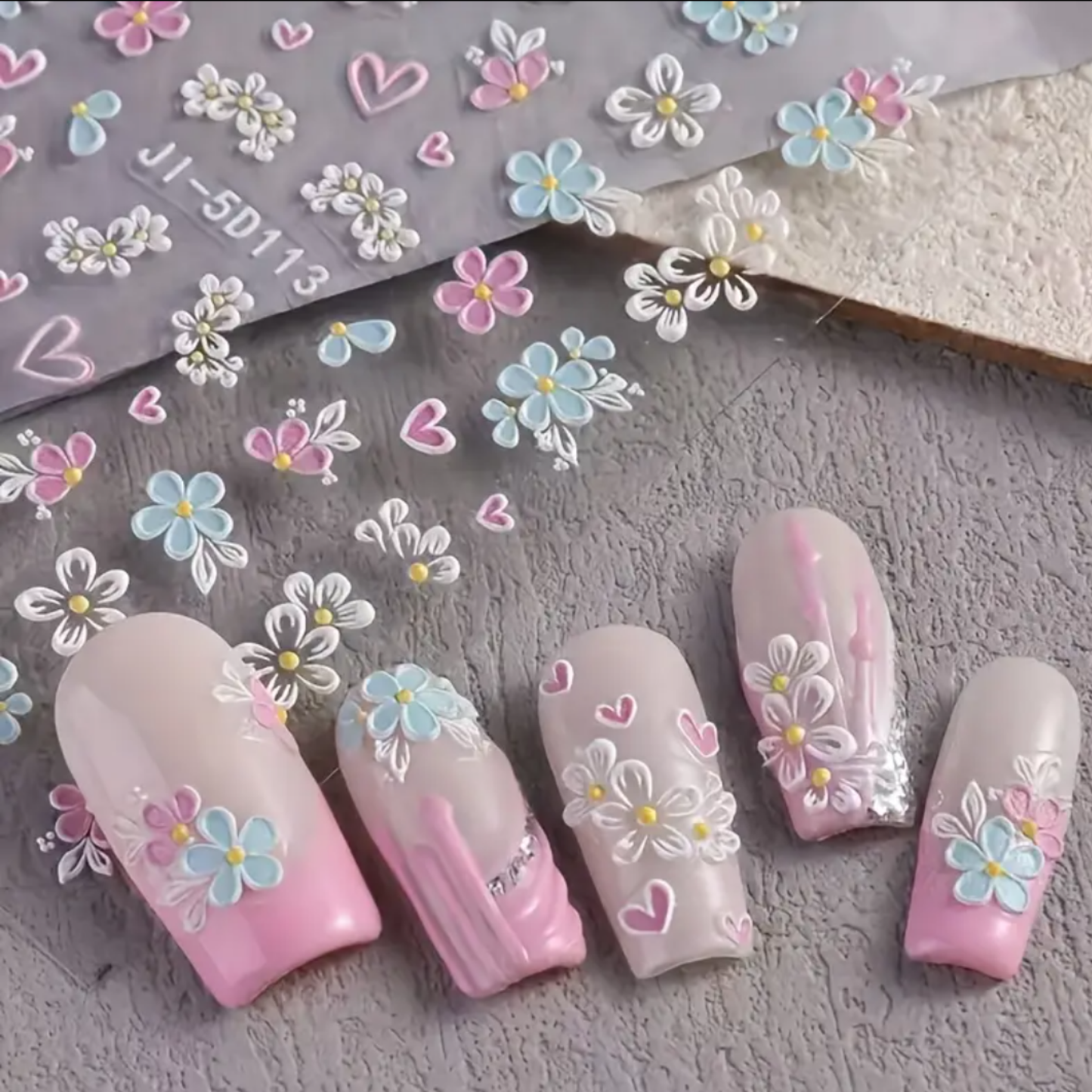 5D Embossed Floral Nail Art Stickers,Spring & Summer Fantasy Manicure Decoration, Nail Stickers