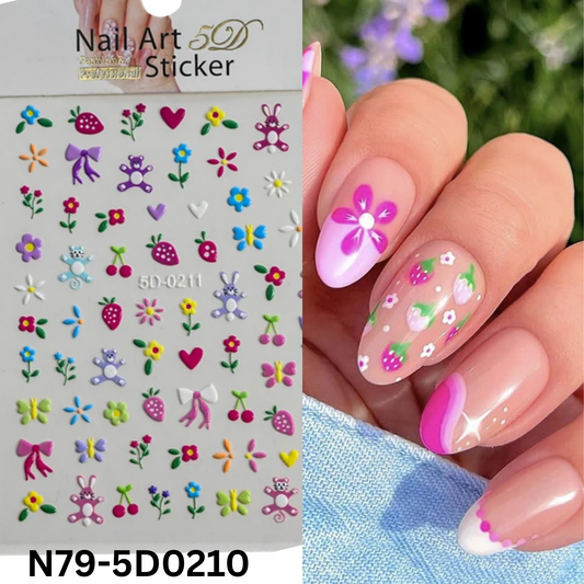 Summer Flower Strawberry Embossed Nail Art Stickers,5D Self-Adhesive Nail Designs