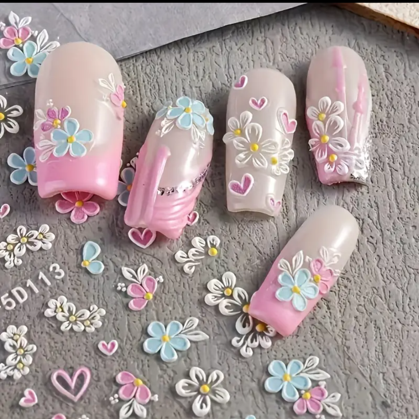 5D Embossed Floral Nail Art Stickers,Spring & Summer Fantasy Manicure Decoration, Nail Stickers