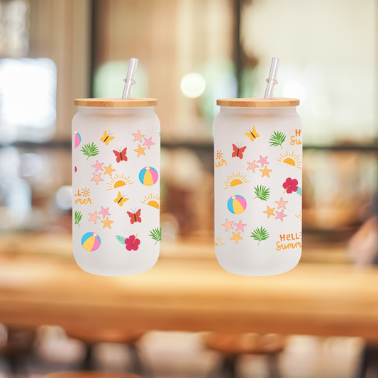 Hello Summer Frosted Glass Cup – 16oz / 20oz – With Bamboo Lid & Glass Straw