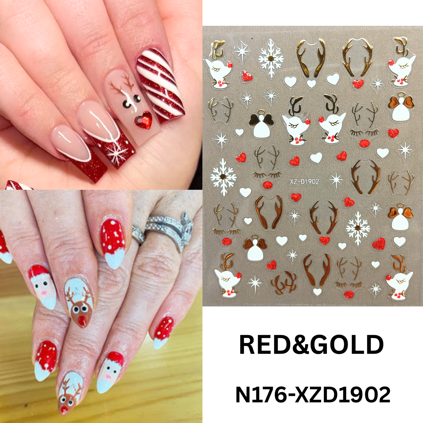 Set of 12 Christmas 3D Nail Decals – Holiday Reindeer, Candy Cane, Santa & Snowflake Designs