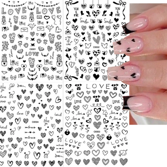 Valentine Love Heart Nail Art Stickers – Black Self-Adhesive Romantic Decals