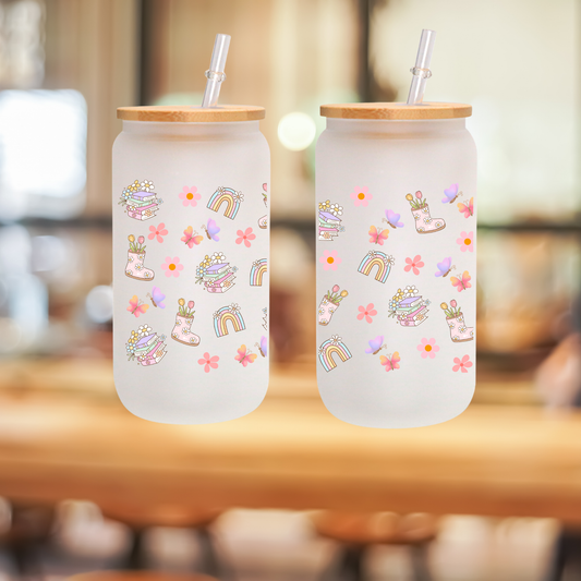 Rainbow Book & Flower Frosted Glass Cup – 16oz / 20oz – With Bamboo Lid & Glass Straw
