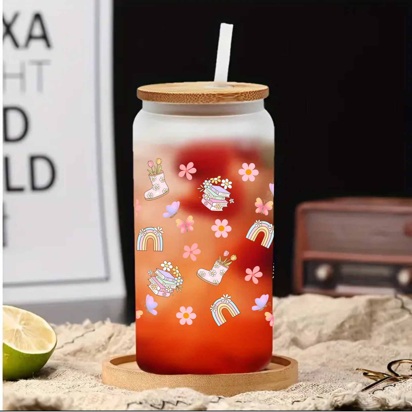 Rainbow Book & Flower Frosted Glass Cup – 16oz / 20oz – With Bamboo Lid & Glass Straw
