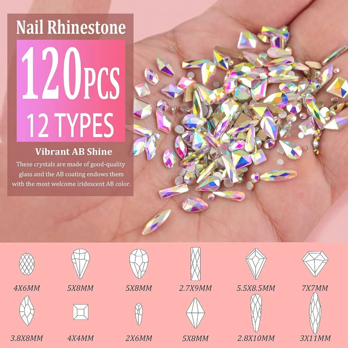 Crystal Glass 1780 Pcs Rhinestones Flatback Gems Set Geometric Shapes Nail Art Craft DIY