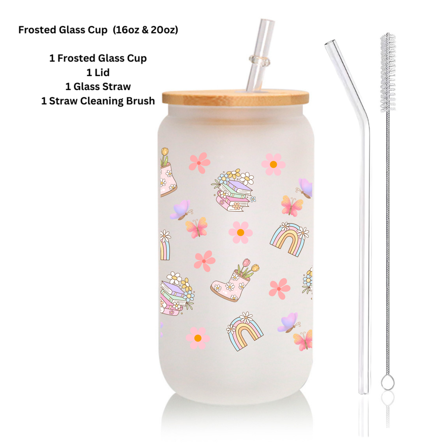 Rainbow Book & Flower Frosted Glass Cup – 16oz / 20oz – With Bamboo Lid & Glass Straw