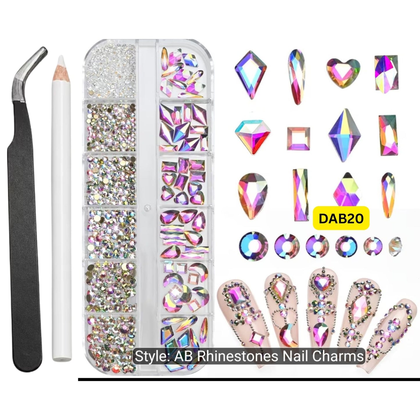 Crystal Glass 1780 Pcs Rhinestones Flatback Gems Set Geometric Shapes with Picker Pencil Tweezers Tool Kit Nail Art Craft DIY